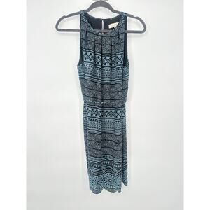 LOFT Tribal Dress Blue Black Scallop Hem‎ Sleeveless Size 6 Belted Geometric